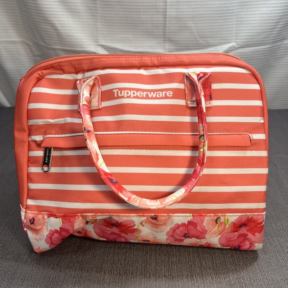 Tupperware Peach/Pink Floral Lunch Insulated Tote Bag with Soup Sandwich & Cup